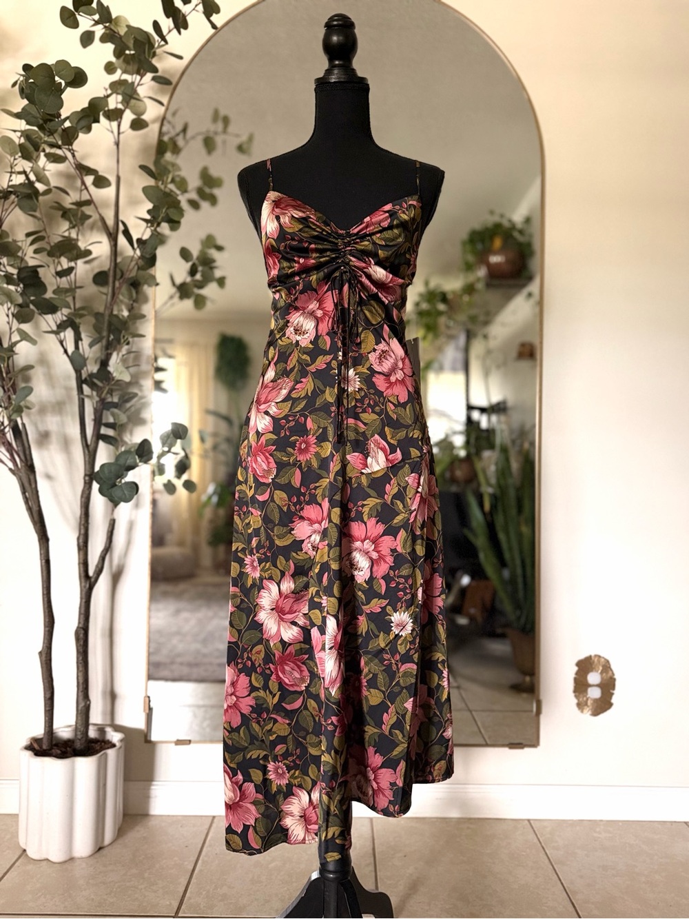 NEW‎ Joie Moody Botanical Asymmetrical Satin Midi Dress Medium